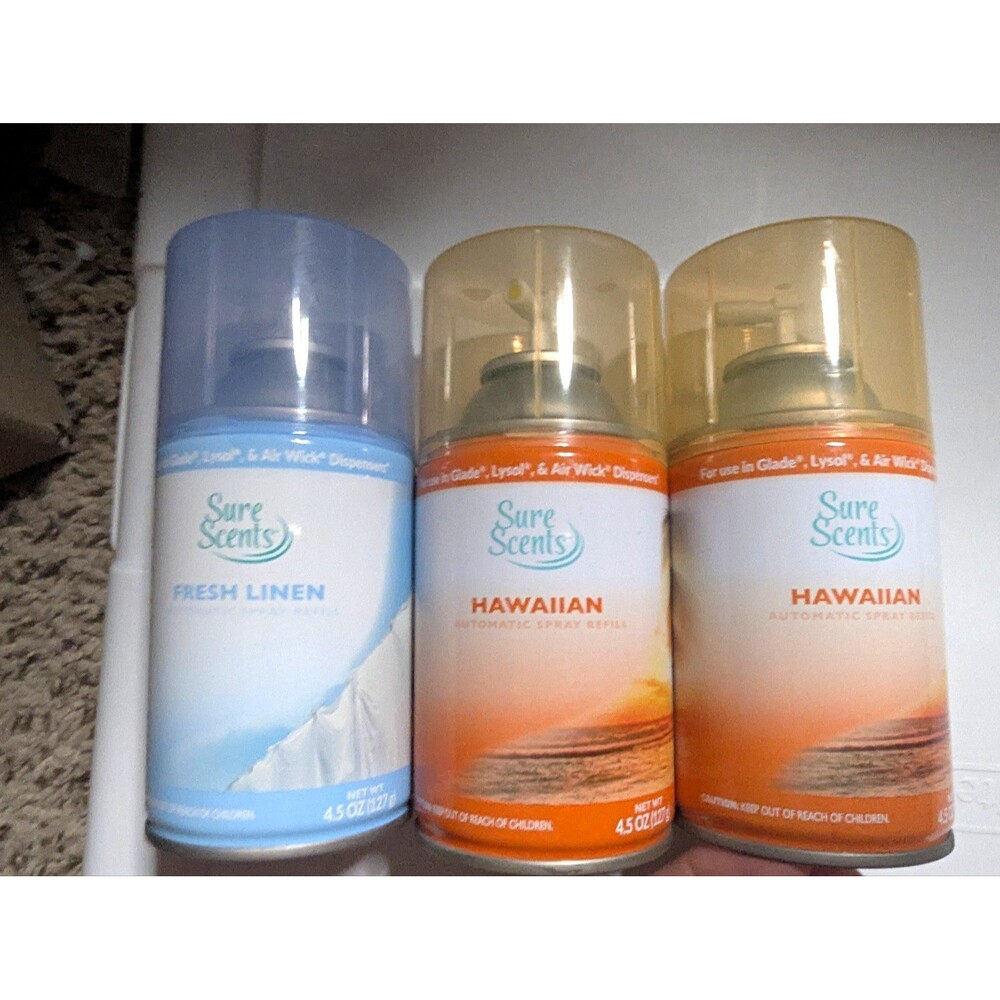 Sure Scents Auto Spray Refill Lot 3 Hawaiian Fresh Linen Glade Air Wick 4.5oz
